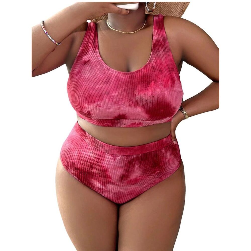 NWOT Plus Size Women's Tie Dye High Waisted Ribbed Bikini Set Red/White 1XL